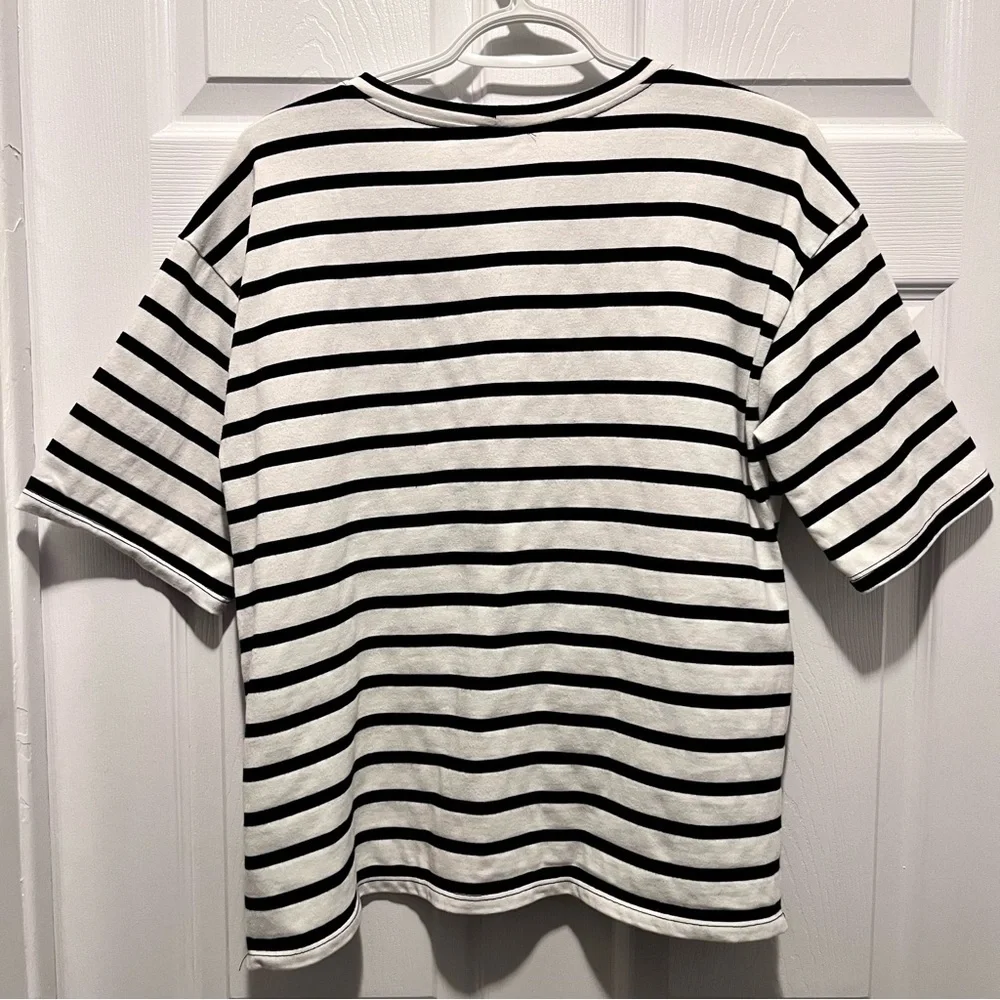 Zara Top Striped Black White shirt Women Medium short sleeve crew neck - Picture 5 of 5